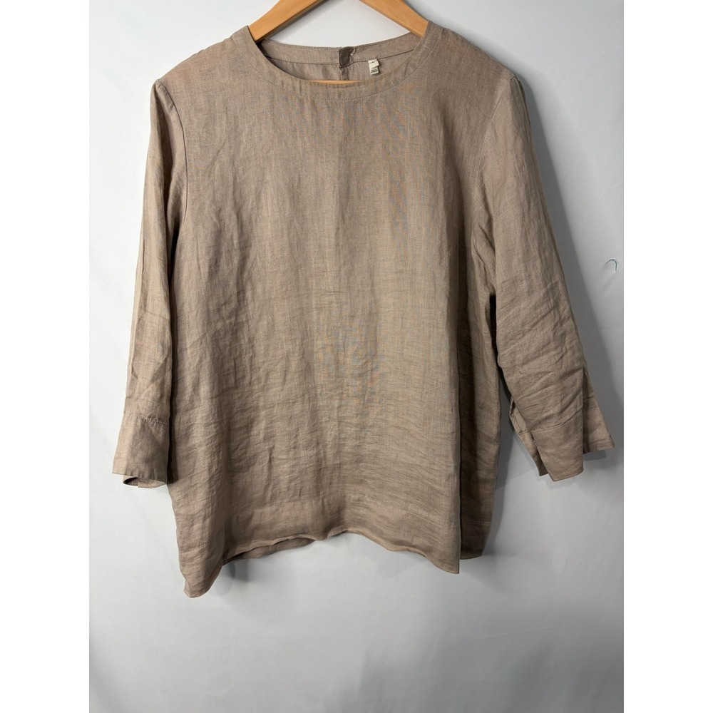 MUJI Womens 100% Linen 3/4 Sleeve Blouse Top Sz L Taupe Natural Flax Minimalist